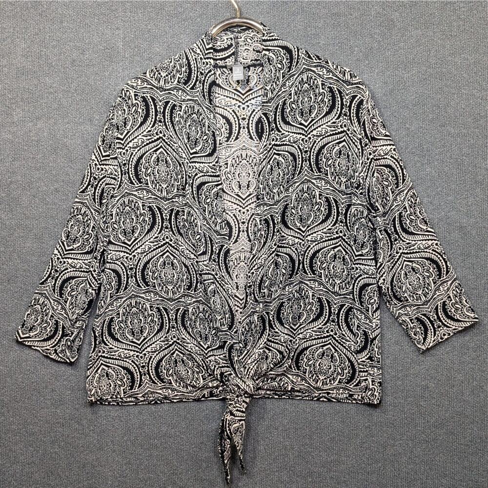 Chicos Travelers 3 Slinky Cardigan Top Womens XL Tie Front Black White Paisley